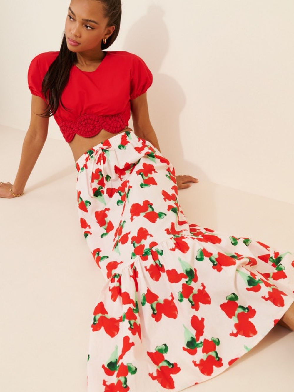 Anthropologie Lulo Project Maxi Skirt Pale Pink w/Red & Green Floral Large - Picture 3 of 4